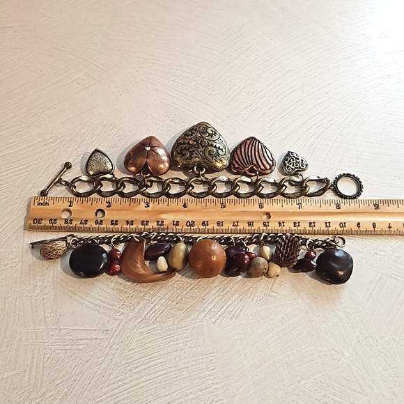 2  loaded charm bracelets vintage and new nature themed hearts earth tones - Picture 2 of 8